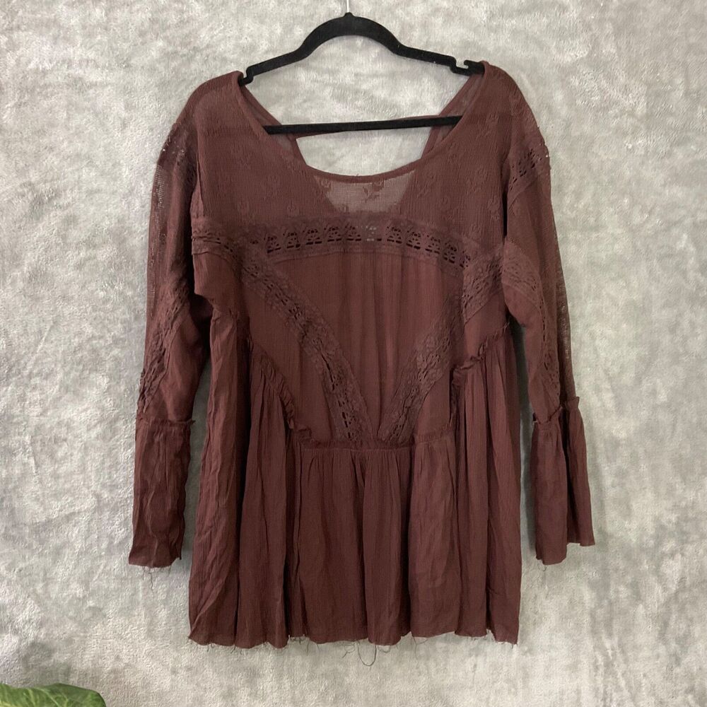 Gimmicks BKE Boho Top Crochet Babydoll long sleeves women’s M Brown raw hems